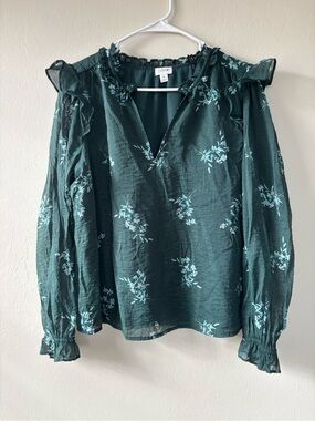 J Crew Women’s Size Medium Top Green Floral Blouse V Neck Long Sleeve